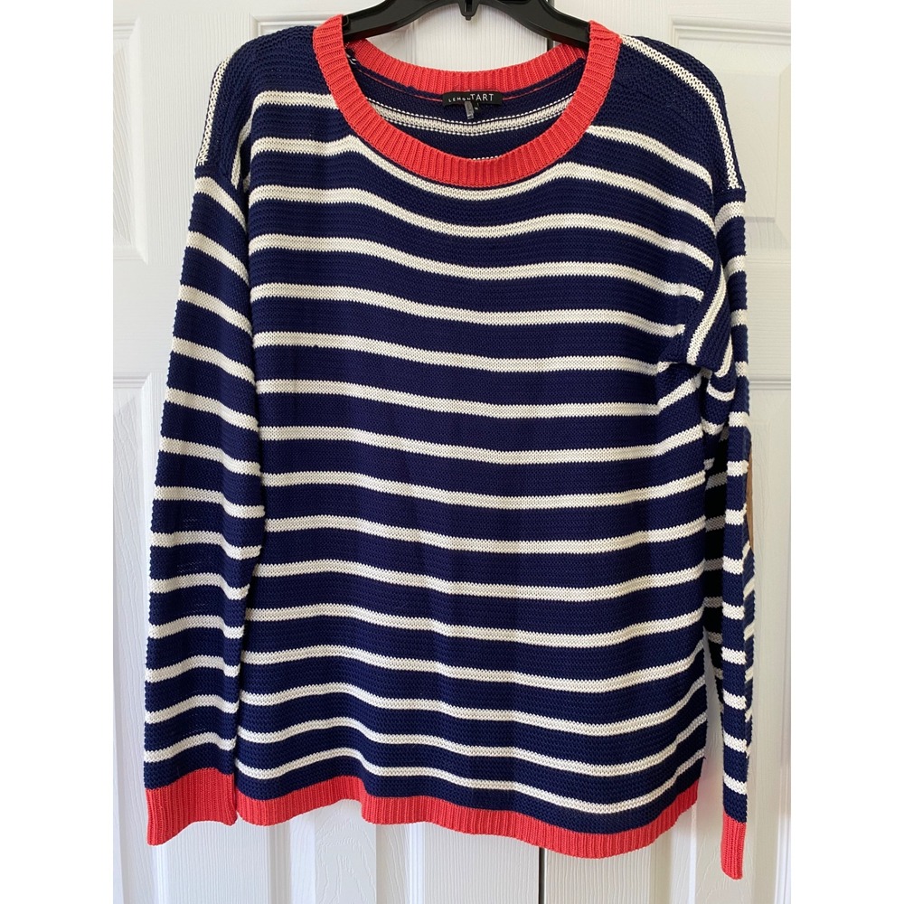 Lemon Tart Sweater Women Medium Navy White Striped Elbow Patch Nautical Preppy